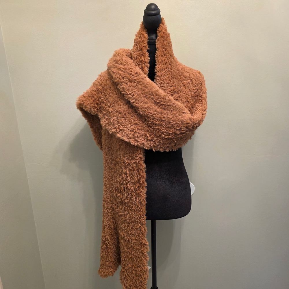 Free People Faux Fur Teddy Scarf Oversized Shaggy Wrap Gingerbread Brown OneSize